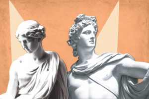 Two ancient statutes, one depicting a man, the other a woman, on an orange background. 
